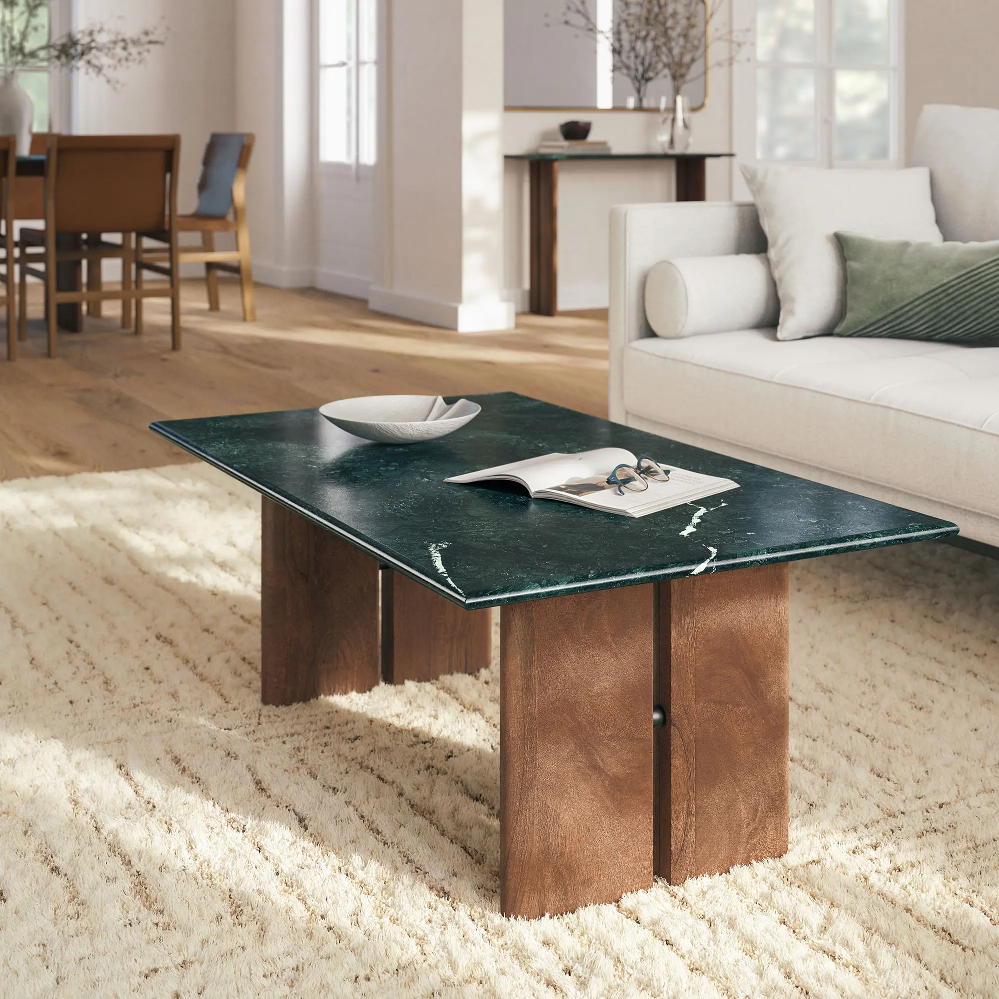 Amistad Straight Wide Marble Coffee Table, Walnut Green Marble, Assembly Required for Casual Gatherings