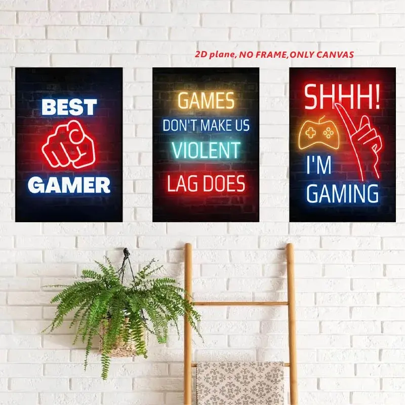 3-Piece Set, Neon Effect Gaming Posters, Modern Cool Design, Living Room Decor, Kids' Bedroom, Play Area, Gamer Room Decor, Wall Art, Unframed Wall Art, Frameless Canvas Prints, 2D Flat Art, Art Wall Decoration