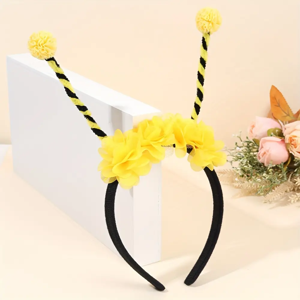 1pc Adorable Bee-Themed Headband for Girls - Yellow & Black Striped Antennae with Fluffy Pom-Poms, Multicolor Polyester Hair Accessory, Perfect for Bi