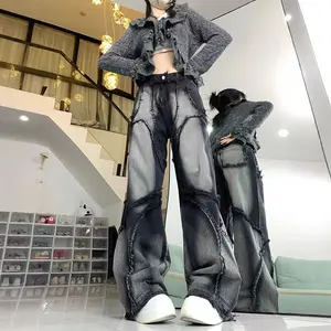 Women's Two-Tone Patchwork Wide Leg Jeans, High Waist Raw Frayed Seam Baggy Denim Pants, Gradient Washed Irregular Stitch Y2K Grunge Trousers, Edgy Streetwear Bottoms for Skate Culture, Street Shoots and Trendy Alternative Daily Outfits