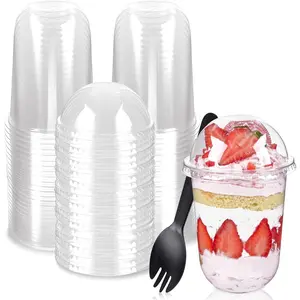50 Pack Plastic Dessert Cups with Dome Lids (No Hole) and Sporks, Clear Disposable Yogurt Parfait Cups with Lids, Individual Party Serving Snack Containers for Pudding Dessert Fruit Cake
