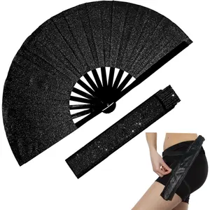 Large Folding Glitter Rave Fan,Clack Handheld Fan with  Strap and Fabric Case Bag,for Line Dancing,Festivals,Carnival,Rainbow Outfits,Disco Party,Home Decoration and Many Occasions.Black