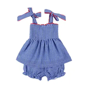 American Spirit Blue Gingham Aurora Bloomer Set - Girls Patriotic 2Pc Outfit