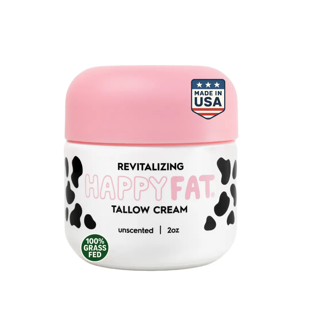 HappyFat Whipped Beef Tallow Moisturizer - USA Made - With Organic Jojoba Oil, Raw Manuka Honey, Marigold Flower, Vitamin E - 100% Grass Fed - For Dry, Sensitive Skin, Eczema, Scarring - Unscented 2oz