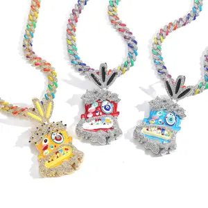 Iced Out Crazy Cartoon Face Pendant Necklace Colorful CZ Bling Hip Hop Jewelry Men Women