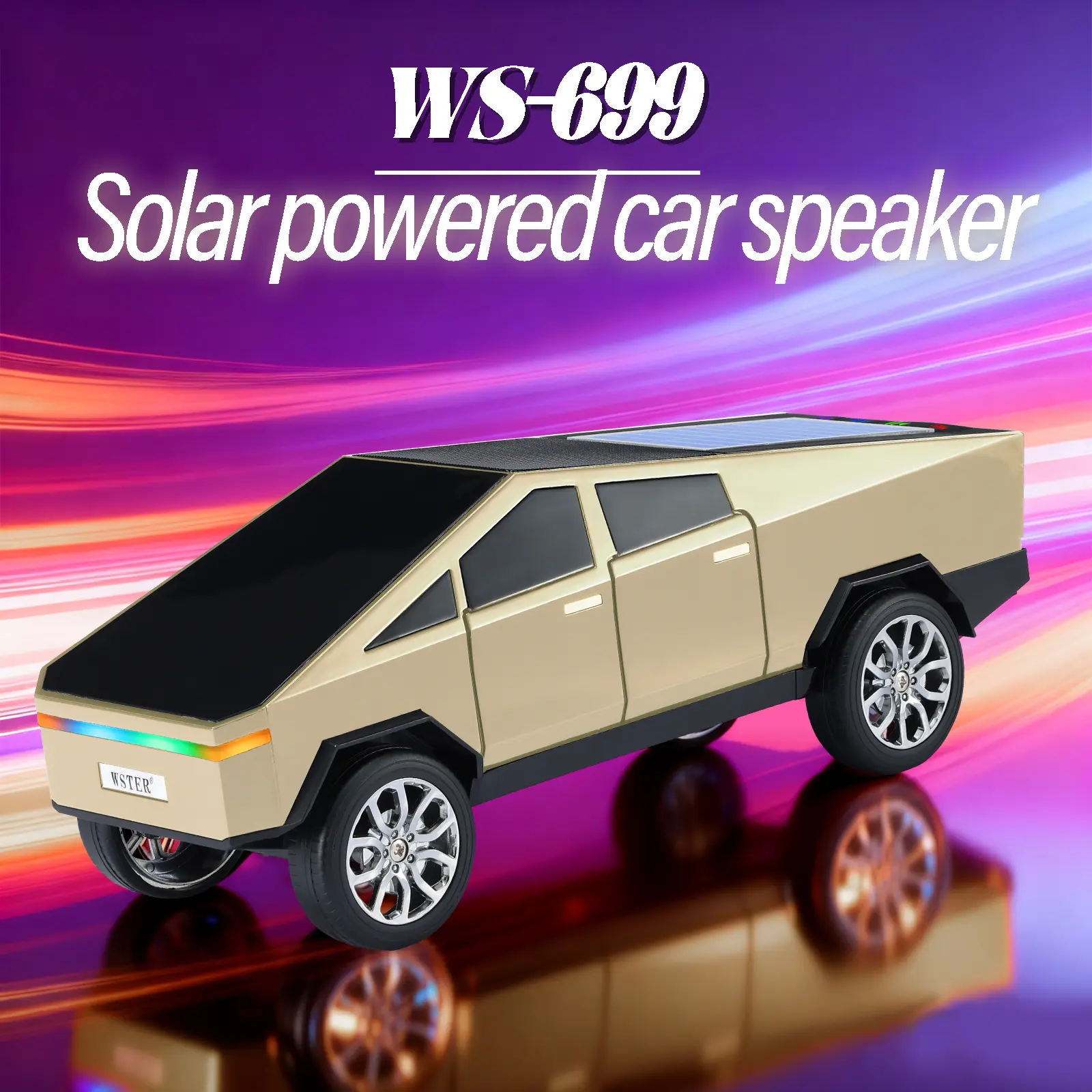 WSTER WS-699 Compact Portable Rechargeable Solar-Powered Cybertruck Pickup Bluetooth Speaker with USB, TF Card, AUX, FM Stereo Subwoofer, Wireless Function, LED Light for Home, Outdoor Parties, Gifts, Smartphone