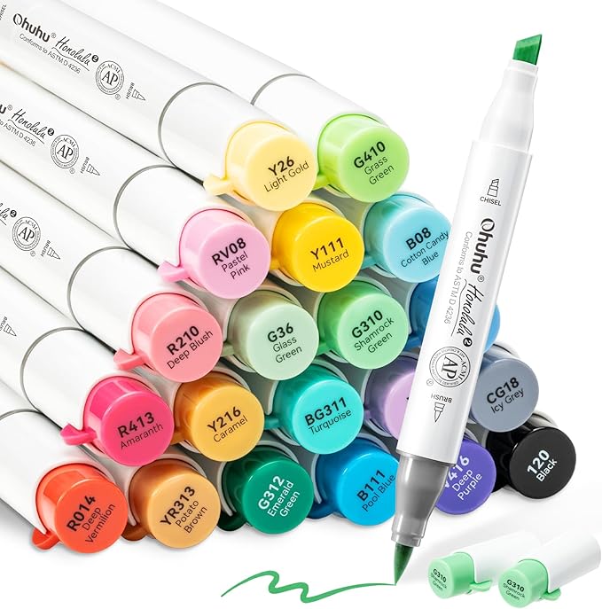 Ohuhu Alcohol Markers: Brush & Chisel / Fine Dual Tips - 24 Basic Colors - AP Certificated - Double Tipped Alcohol Based Art Marker Set for Artist Sketching Adult Coloring Illustration - New Look - Honolulu 2 & 2B Series of Ohuhu