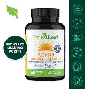 ForestLeaf Vitamin D3 + K2 (MK7) Supplement - MenaQ7 - Calcium and Vitamin D3 5000 IU Max Absorption - Teeth and Bone Strength, Heart Health, Immune System Support - 60 Veggie Capsules
