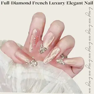 【Lucy UU】Full-Diamond French 3D Butterfly Press On Nails Clear Nude Pink Pearl Heart Design Reusable Handmade False Nails for Women