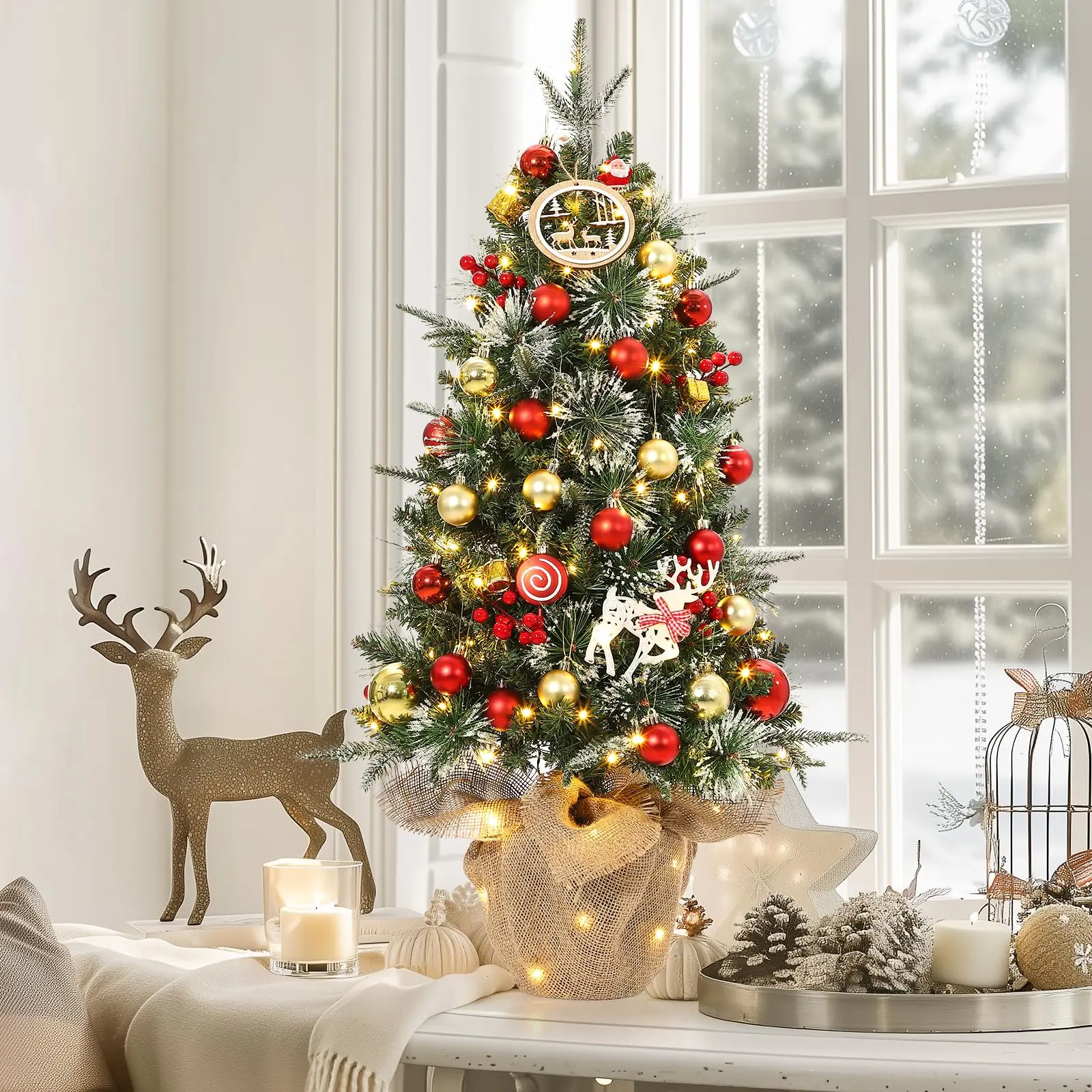 3FT Tabletop Christmas Tree, Pre-Lit Artificial Christmas Tree with 78 Led Lights, Small Christmas Tree with Red Berries for Christmas Decorations
