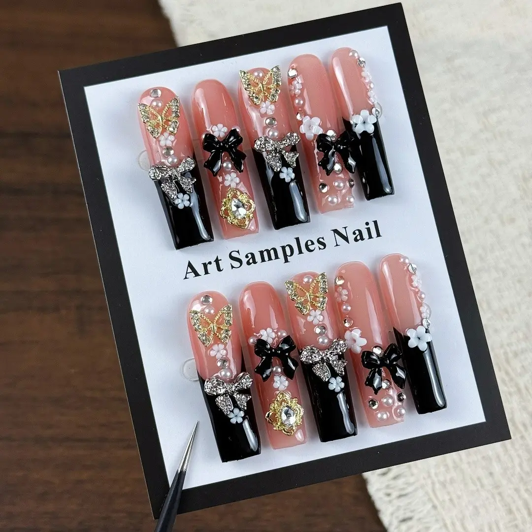 10pcs Heavy industrial retro style, hand-painted three-dimensional butterfly, bow tie, flashing point diamond handmade fake nails, Handmade Press On, Nail Art Design, Nail stickers suitable for large-scale events, important banquets, carnivals