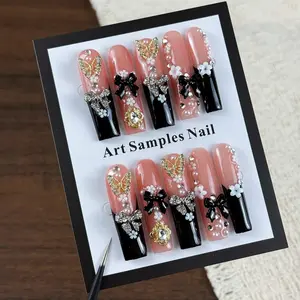 10pcs high-end Heavy industrial retro style, hand-painted three-dimensional butterfly, bow tie, flashing point diamond handmade fake nails, Nail stickers suitable for participating in large-scale events, important banquets, carnivals and Independence Day
