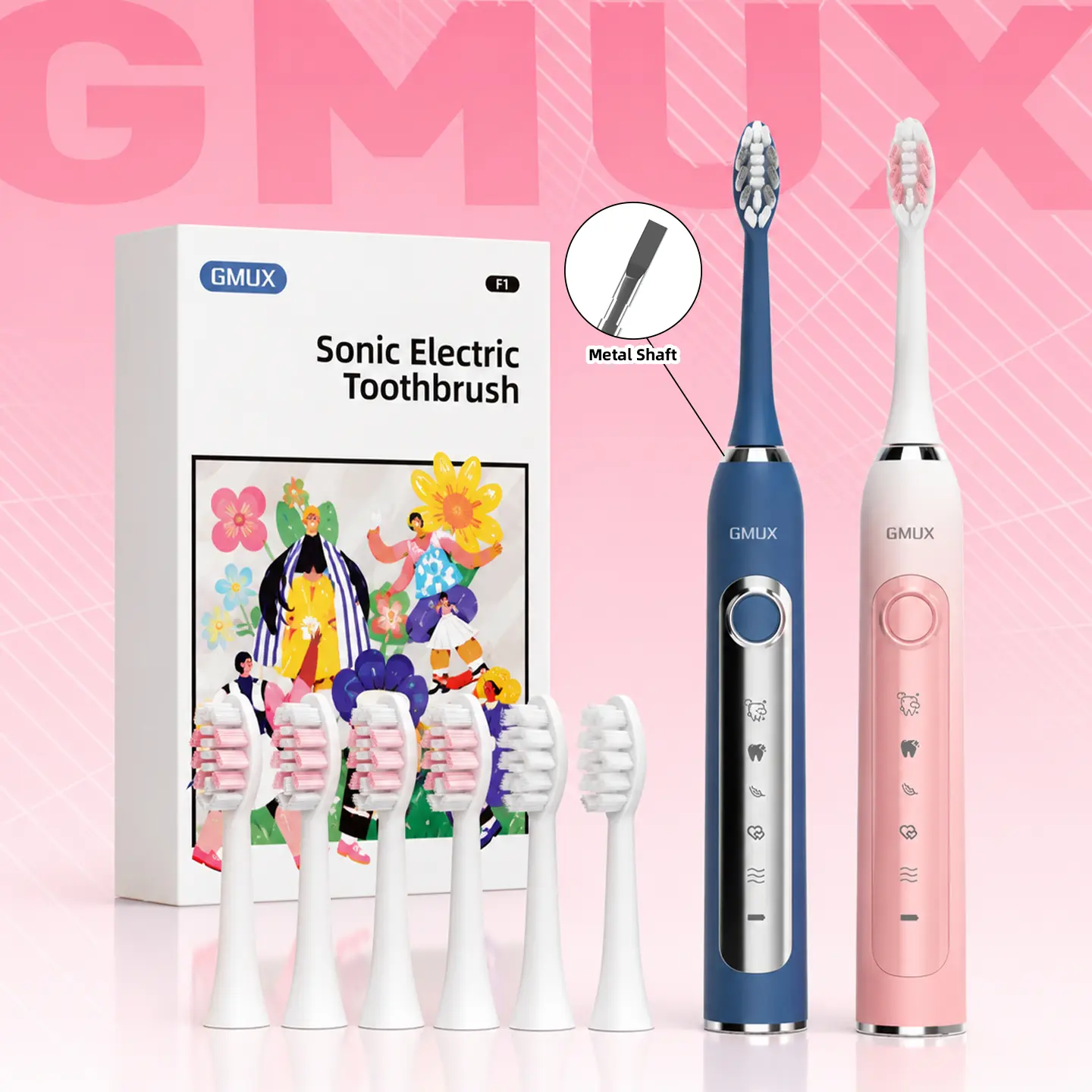 GMUX IPX8 Sonic Electric Toothbrush for Adults - USB Rechargeable, Metal Shaft, Intelligent Timer, Couple Style, Replaceable Brush Heads (Includes 6 Heads)