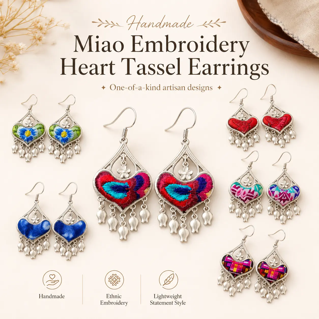 Handmade Heart Tassel Drop Earrings, Embroidery and Tie-Dye Textile, Wearable Textile Art Gift, Unique Design, Lightweight, Ethnic, Daily, Fashion Earrings, Everyday Wear