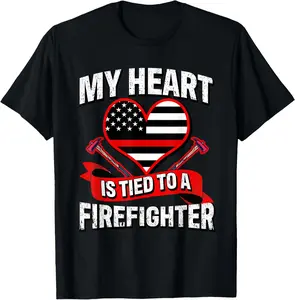 My Heart Is Tied To A Firefighter Fireman Husband & Wife T-Shirt Cotton Short Sleeve Shirt Casual Tee streetwear