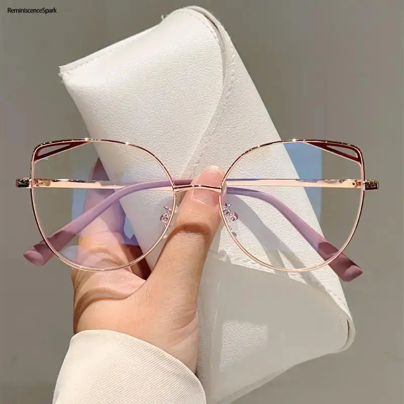 Women's High Quality Cat Eye Hollow Metal Eyeglass Frames | Fashion Simple Anti Blue Light Glasses | Flat Lens Computer Goggles | Lightweight Comfortable Eyewear for Daily Office Work, Study & Digital Screen Use