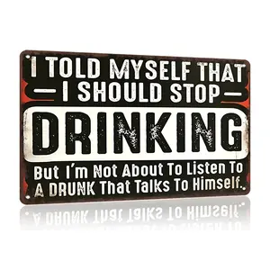Funny 'Stop Drinking' Humor Tinplate Sign| 8x12 Inch Rustic Wall Decor for Home, Bar, or Man Cave| Distressed White Text on Black Background with Red Accents, Bar Decor
