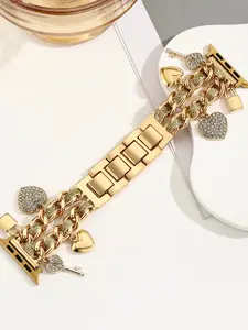 1-Piece Metal and Thin Leather Rope Double Heart Lock Core Smart Watch Straps, Smart Watch Accessories, Compatible with Apple Watch Series Ultra/SE/11/10/9/8/7/6/5/4/3/2/1 and 38/40/41/42/44/45/46/49mm(Strap only, watch/case not included)