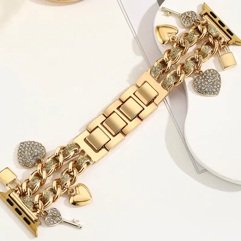 Metal and Leather Rope Double Heart Lock Core Smart Watch Straps, Smartwatch Accessories, Compatible with Apple Watch Series Ultra/SE/1-11 and 38/40/41/42/44/45/46/49mm(Strap only, watch/case not included)