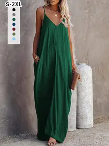 Women's Summer Casual Sleepwear Loungewear Dress, Sleeveless V-Neck Long Dress with Side Pockets, Wearable Outdoors, 1 Piece Set