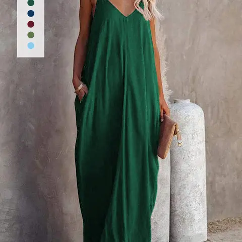 Women's Summer Casual Sleepwear Nightgown Loungewear Slips Dress, Sleeveless Nightdress, V-Neck Long Dress with Side Pockets, Wearable Outdoors, 1 Piece Set