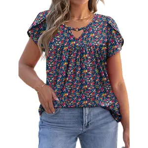 ROSRISS Women's Plus-Size Pleated Casual Summer T-Shirt - Chic, Comfy, Stretchy Rayon Blouse with Breathable Fabric, Keyhole V-Neck, Petal Short Sleeves, Flowy Fit, Sizes XL-5XL 0146 (Summervibes Necklace Accent Note)