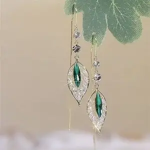 LisiZen Viral Hot Sale Gold Branch Jade Leaf Anti-Lost Earrings Fashion Long Green Diamond-Embedded Leaf Tassel Light Luxury Design Earrings DZEH1666