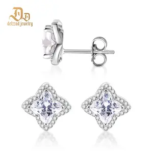 Delzzad Bling Luxury Halo Lily Bulb Four-Leaf Clover Earrings Lab-Created Moissanite Stud Earring S925 Sterling Silver Moissanite Jewelry Perfect Christmas Gift for Men Women Wedding Set