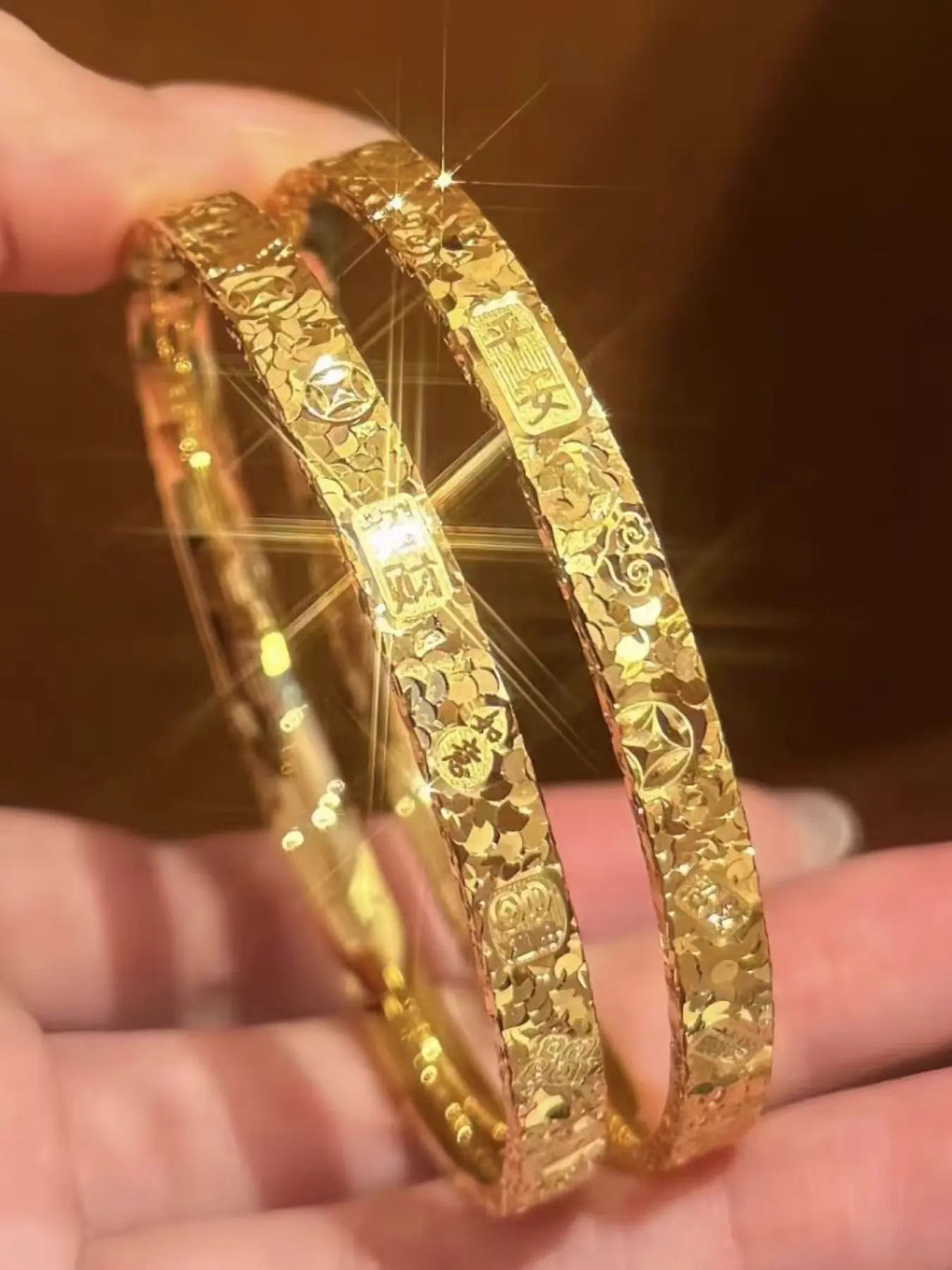 Trendy Three-Sided Glitter Bangle, Wide Edition Lucky Words Bracelet, Vietnamese Sand Gold Ice Fashion Cnc Band, All-Season Boho Accessory, Bangle Jewelry