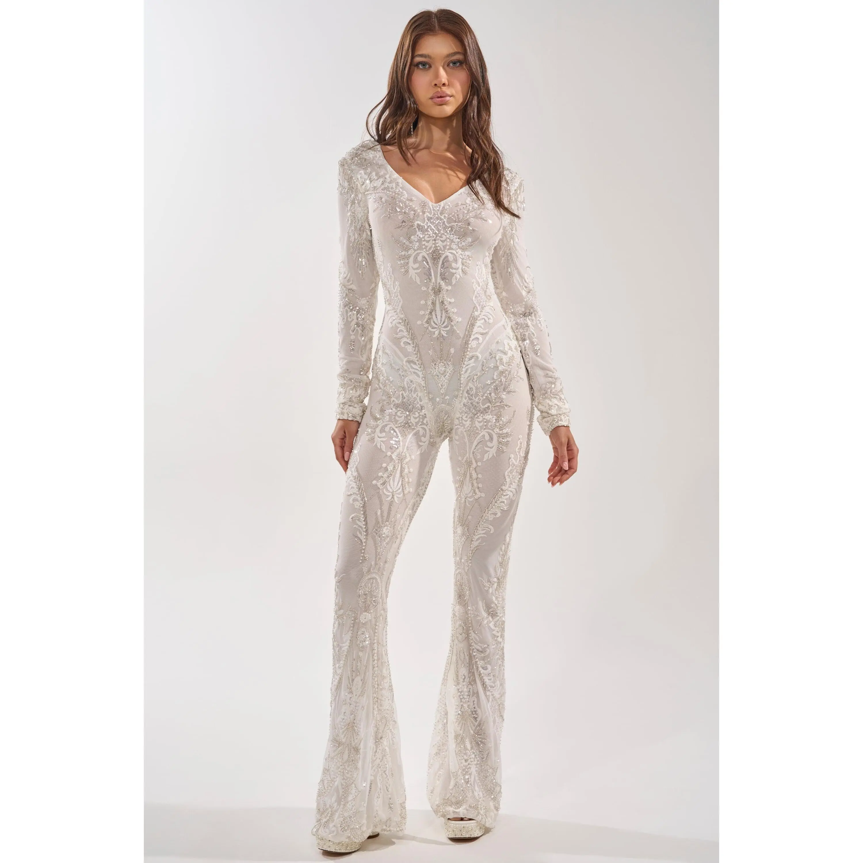 WATCH ME WORK EMBELLISHED SEQUIN JUMPSUIT IN WHITE