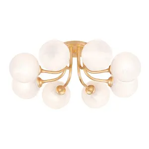Onyx Semi-Flush Ceiling Light With Opal Cloud Glass Globes And Vintage Gold Leaf Finish