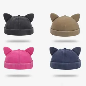 Cute Cat Ear Brimless Hat - Vintage Rolled Cuff Docker Cap & Skull Beanie