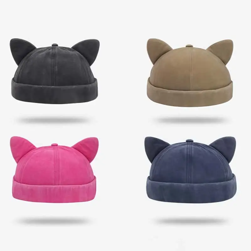 Cute Cat Ear Brimless Hat - Vintage Rolled Cuff Docker Cap & Skull Beanie