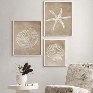 Three-Piece Coastal Canvas Art Set, Shell & Starfish Ink Paintings, Modern Decorative Wall Art for Home Office Living Room Bedroom Dining Area