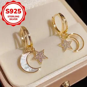 1 Pair S925 Silver Full Star Moon Stud Earrings, Simple Personality Fashion Jewelry for Daily Commute and Parties, Suitable as a Gift to Mother, Wife, Girlfriend,  Fashion Earrings, Studs, Elegant Design, Highquality Studs, Durable Earrings