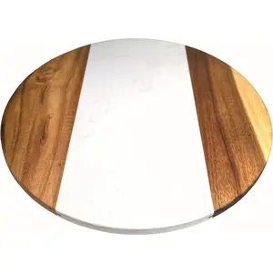 13 Inch Marble and Wood Lazy Susan - 360° Rotating Serving Tray & Charcuterie Board - Natural Stone Turntable for Dining Table, Island, Countertop - Farmhouse Home