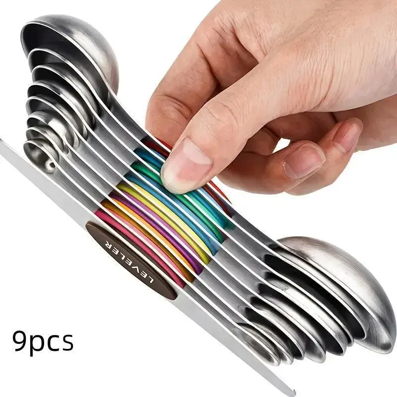 Sturdy Metallic 9-Piece Heavy Duty Colorful Stainless Steel Magnetic Food Measuring Spoons Set - Double-Headed Tool with Level Gauge, 7 Spoons & Coffee Measure, Dishwasher Safe for Baking, Cooking