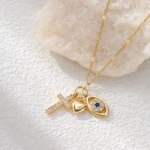 Evil Eye Necklace for Women 14K Gold Filled | protection jewelry with heart & cross pendant, cubic zirconia | hypoallergenic gift for her, birthday, date night woman dainty fashion layer