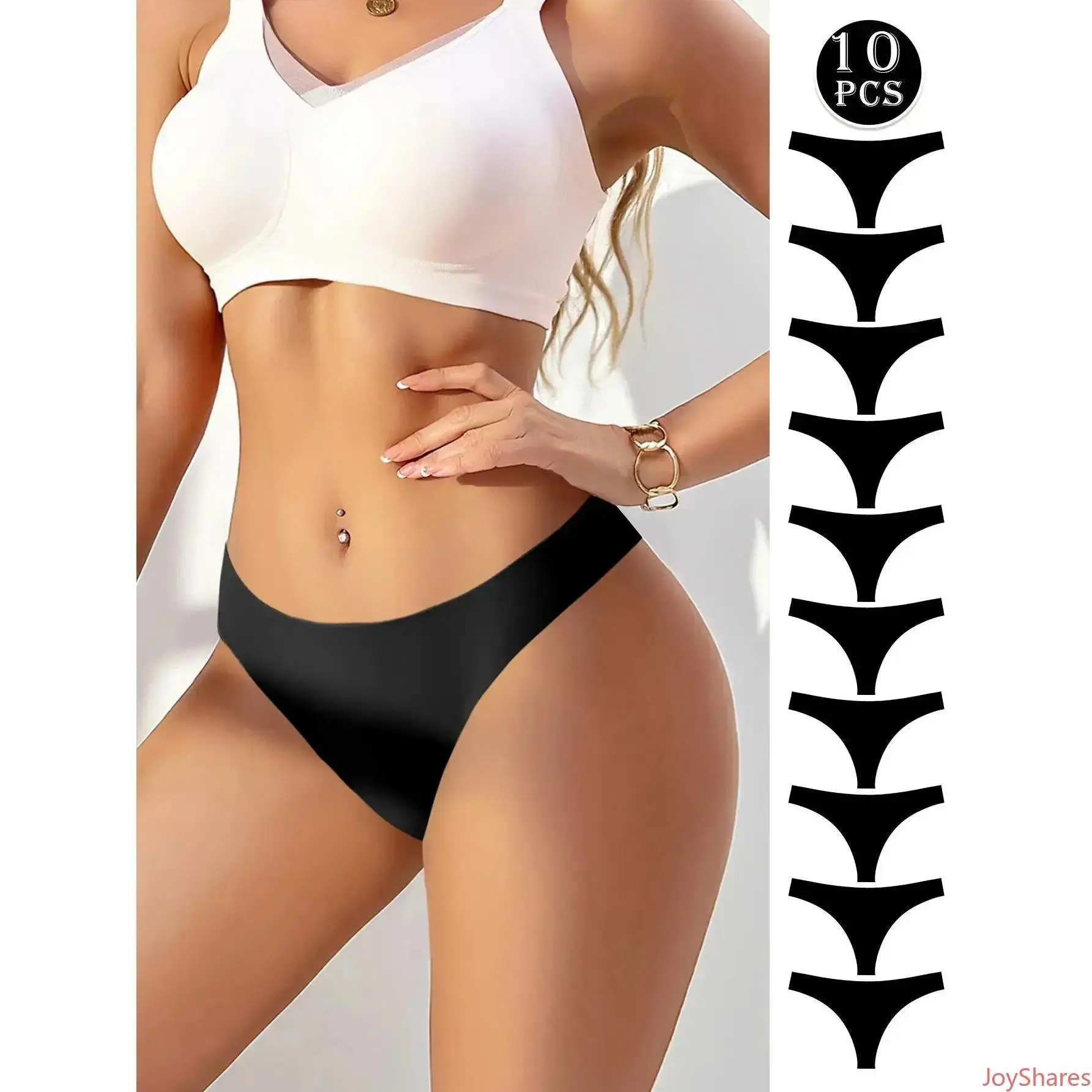 Women’s 10-Piece Solid Black Seamless G String Underwear - Multiple Sets of Style-Focused, Smooth Soft Breathable Fabric, Comfortable Fit Casual Everyday Daily Panties for Women’s Wear