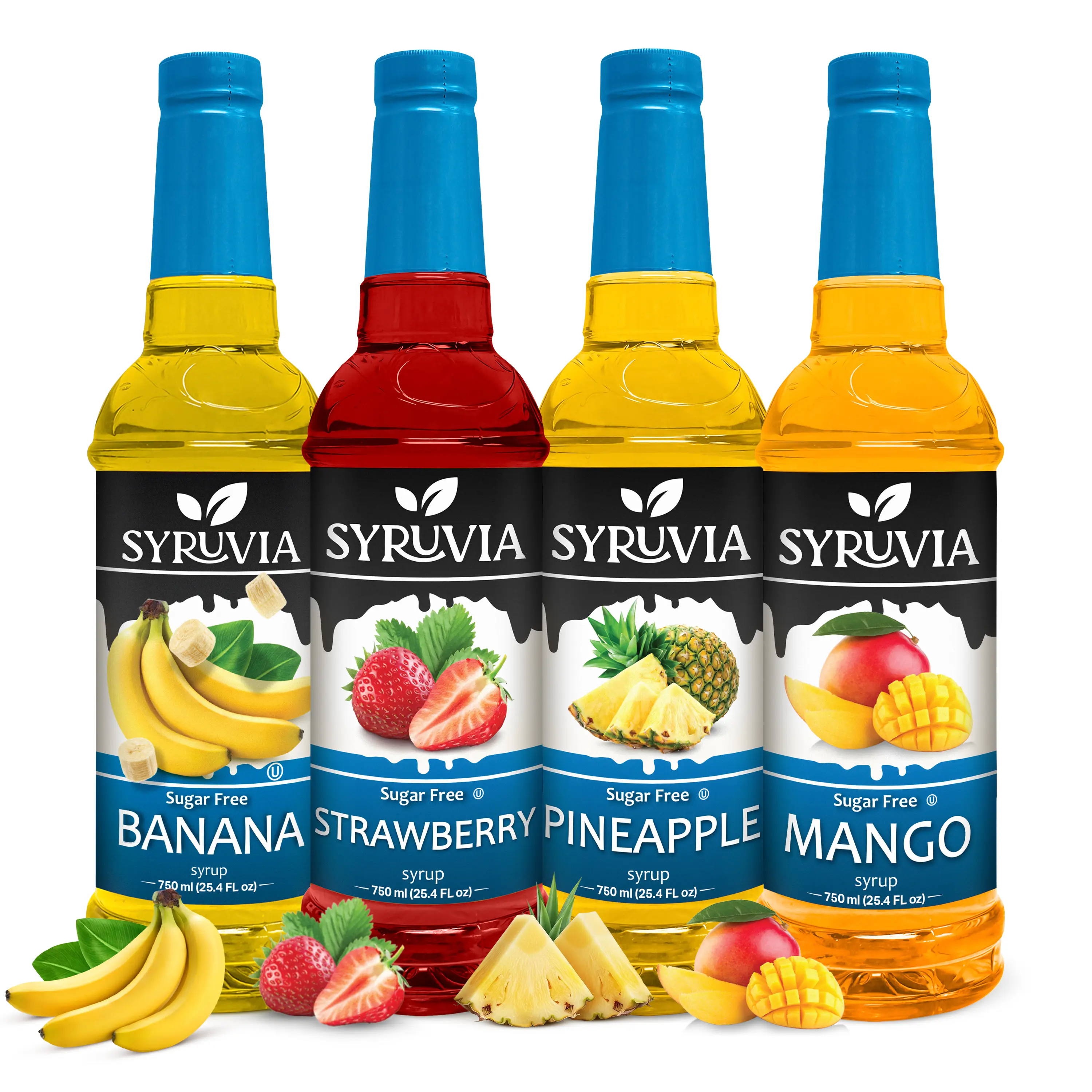 Syruvia Sugar-Free Fruit Mix Syrup Variety Pack (4 Plastic Bottles) - No Added Sugar, Low Calorie, Gluten-Free, Kosher, Ambient - Banana, Strawberry, Pineapple, Mango - 750 ml (25.4 fl oz), 36-Month Shelf Life - Great for Drinks, Coffee