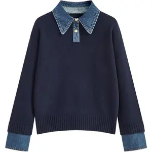 Womens Fall Oversized Long Sleeve Sweaters 2 in 1 Denim Panel Lapel Sweater Polo Knit Sweater Tops 2026
