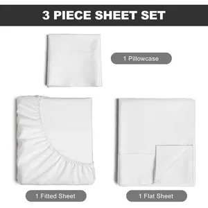 Solid-Color Polyester 3-Piece Bedding Set (White / Twin) | Flat Sheet + Fitted Sheet + 1 Pillowcase | Pure White & Minimalist — Durable, Washable, and Wrinkle-Resistant | Suitable for Single Beds, Dorm Rooms, and Guest Rooms