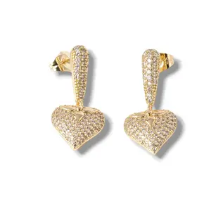 Iced Heart Drop Earrings 14K Gold Plated – 30mm x 1.5mm