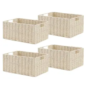 Garvee 4 Pack Foldable Woven Storage Baskets with Handles, 12.2 × 7.1 × 5.9 Inches Each, Perfect for Organizing Shelves, Bathroom, Bedroom, Laundry, and Pantry Spaces