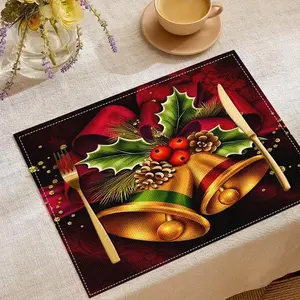 2D flat printing, Kitchen Decorative Placemat, 2-piece/4-piece set, burgundy and gold Christmas Placemat set with gold bells, holly and poinsettia patterns, deep red and burgundy decorations, for holiday dining, wedding, party table decoration