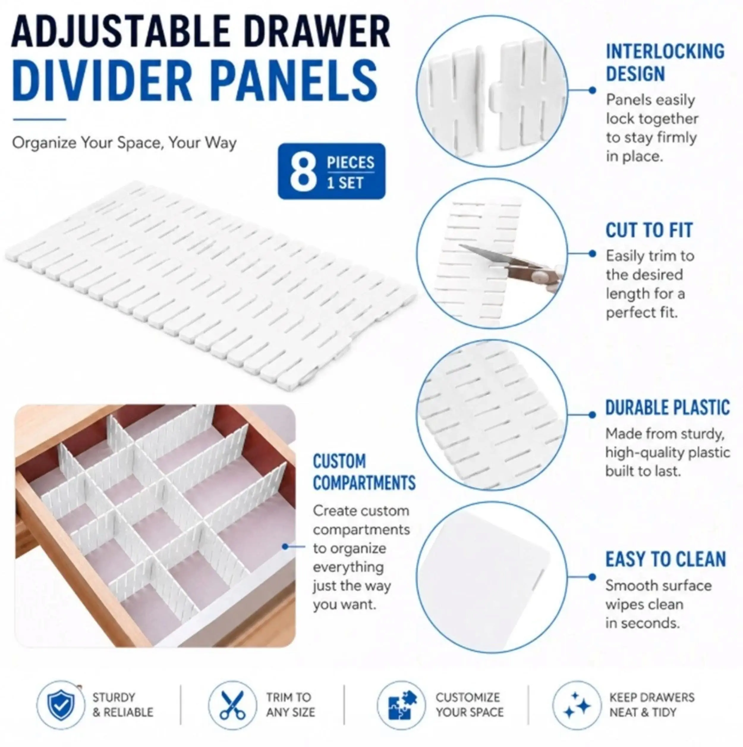 8 Pack Adjustable Drawer Dividers Set DIY Storage Organizers Home Office Closet