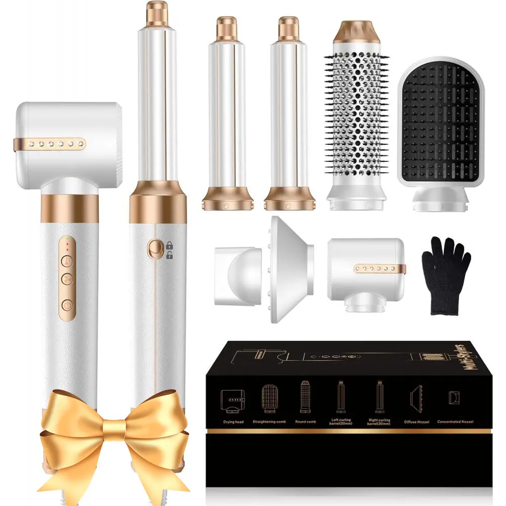 Women's 7-in-1 Ionic Hot Air Dryer Brush Set - Round Brush Hair Tool for Smooth, Straightening, Fast Drying, Volumizing, Curl Enhancing, Frizz Reduction, 100-120V Festive Party Elegant Gift for Women (Hair Tools)
