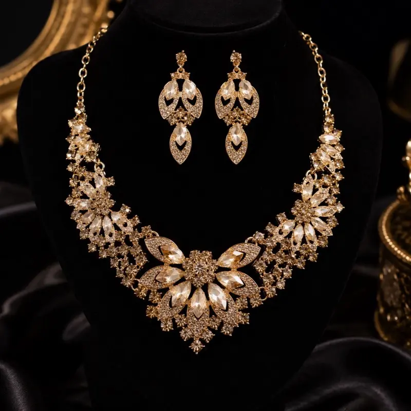 Royal Champagne Crystal Statement Necklace & Earrings Set