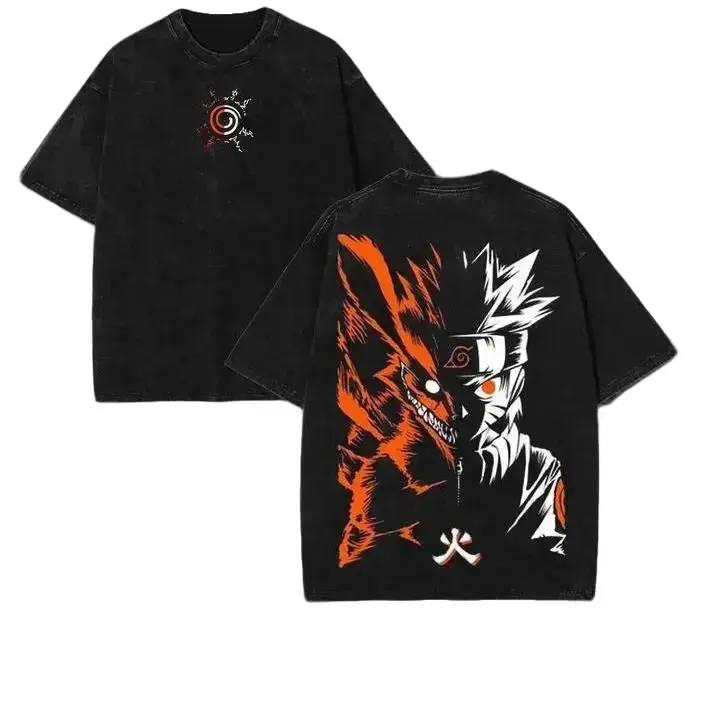 Retro Naruto 9 Tails Split Graphic Oversized Heavy Cotton Round-Neck Shortsleeve Men's T-Shirt - Kurama Hidden Leaf Symbol Fire Kanji Japanese Manga Y2K Anime Streetwear Casual Summer Top, Machine Washable