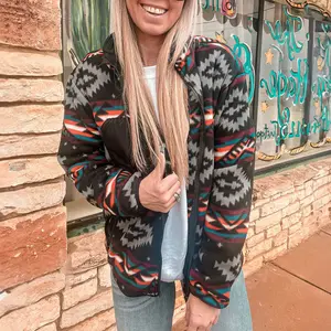 Black Aztec Printed Zip Up Collar Jacket